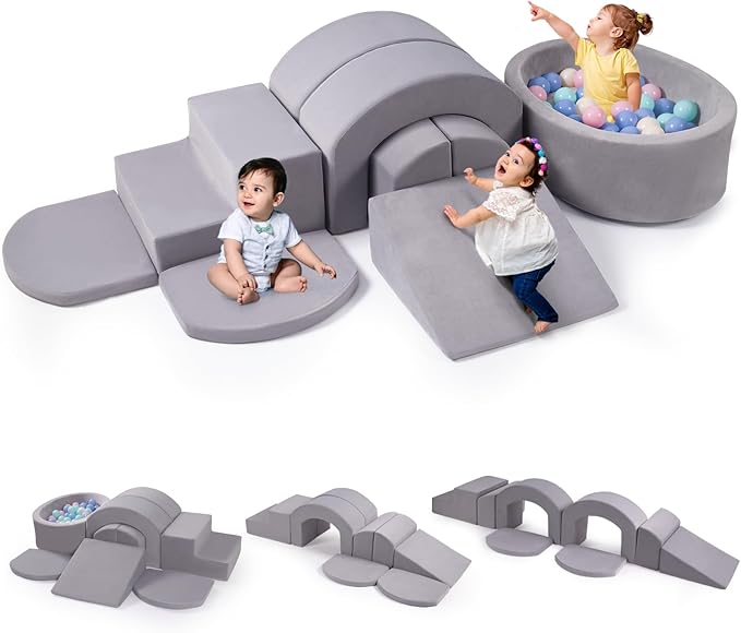 9-Piece Foam Climbing Blocks for Toddlers, Baby Climb and Crawl Soft Play Set with Ball Pit, Machine Washable Cover, Indoor Activity Play Structure, Climbing Toys for Toddlers 1-3 (Gray)