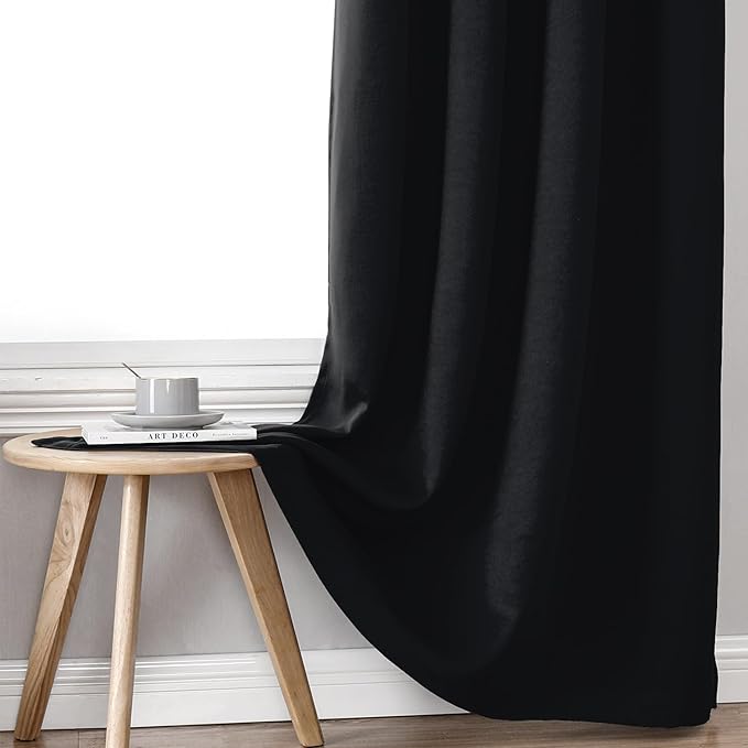 ChrisDowa 100% Blackout Curtains 90 inch Long for Bedroom with Black Liner, 2 Thick Layers Total Blackout Thermal Insulated Grommet Long Window Curtains 2 Panels Set (Black, 52 x 90 Inch)