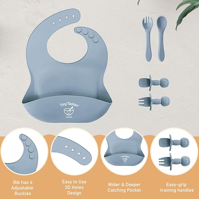 Tiny Tastes 10-Piece Silicone Baby Feeding Set – BPA-Free, Spill-Proof Suction Plate, Bowl, Bib, Snack Cup & Utensils | Dishwasher Safe, Baby Gift Ready (Blue)