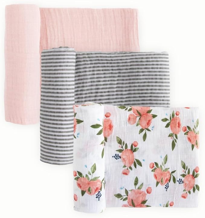 Little Unicorn Muslin Swaddle Blanket for Newborns & Infants | Soft & Breathable Fabric | Set of 3 Baby Blankets for Swaddling, Nursing, Shower Gifts (Watercolor Roses 2)