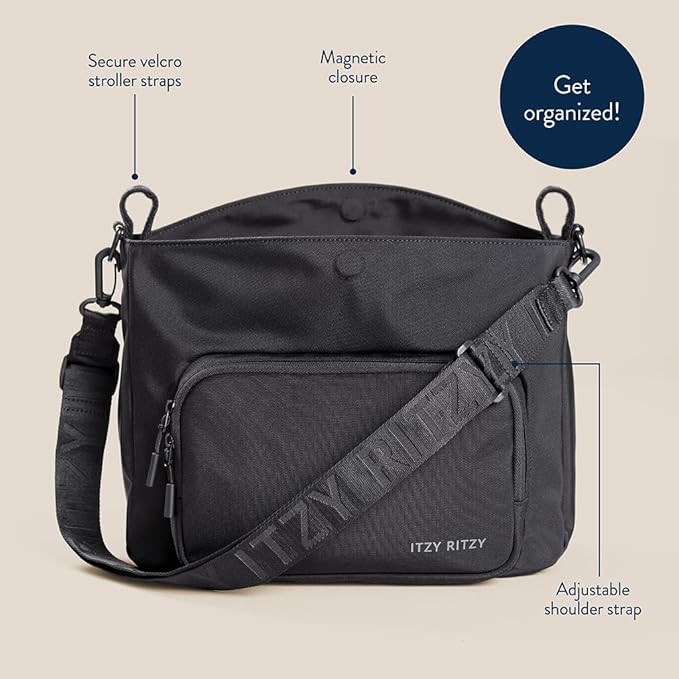 Itzy Ritzy Belong Cargo Caddy for Strollers & Wagons – Convertible Stroller Organizer and Crossbody Bag with Adjustable & Removable Strap, Bottle Holders, Smart Storage Pockets & Secure Straps (Black)