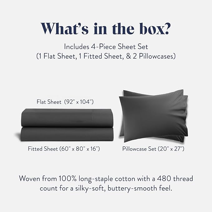 Brooklinen Luxury Sateen 4 Piece Sheet Set - 100% Cotton Bed Sheets, Soft & Durable Queen Size Sheets Set in Slate Grey, Oeko-TEX Certified Bedding Set, 1 Fitted Sheet, 1 Flat Sheet, 2 Pillowcases