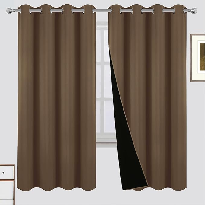 LEMOMO 100% Blackout Curtains 52 x 72 Inch Cappuccino Curtains 2 Panels Darkening Thermal Insulated Bedroom Curtains