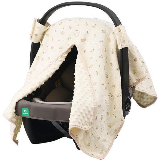 2-in-1 Baby Car Seat Cover, Baby Car Seat Canopy, Mom Nursing Cover，Easy to Install Shield，Multi-Purpose | Winter Warm & Summer Shade Use (Yellow Little Flower)
