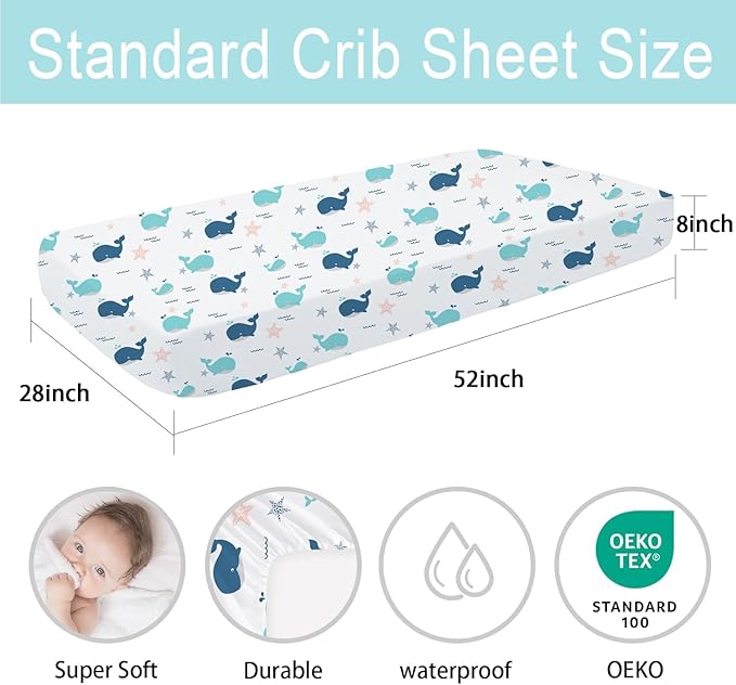 Little Grape Land Waterproof Crib Sheets for Boys Girls, Soft and Breathable Waterproof Baby Crib Sheets 52"x28", Crib Mattress Sheets Neutral for Standard Crib and Toddler Bed Mattress (Whale)