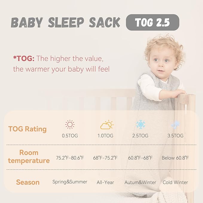 Yoofoss Baby Sleep Sack 0-6 Months TOG 2.5 Winter Baby Wearable Blanket, 100% Organic Cotton Infant Sleeping Sack 2-Way Zipper Warm Quilted Sleep Sack