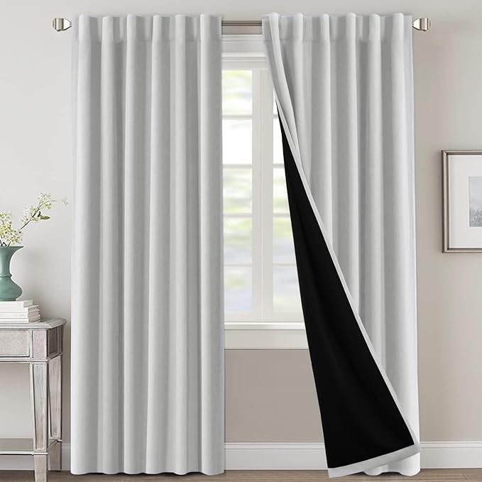 H.VERSAILTEX 100% Blackout Curtains for Bedroom with Black Liner Full Room Darkening Curtain 96 Inch Long Thermal Insulated Back Tab/Rod Pocket Window Drapes for Living Room, 2 Panels, Greyish White