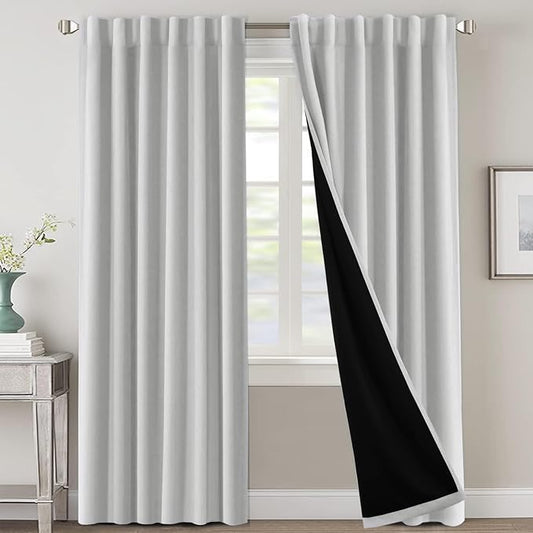 H.VERSAILTEX 100% Blackout Curtains for Bedroom with Black Liner Full Room Darkening Curtain 96 Inch Long Thermal Insulated Back Tab/Rod Pocket Window Drapes for Living Room, 2 Panels, Greyish White