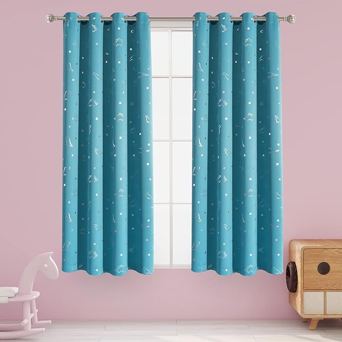 LORDTEX Dinosaur and Star Foil Print Blackout Curtains for Kids Room - Thermal Insulated Curtains Noise Reducing Window Drapes for Boys and Girls Bedroom, 52 x 63 Inch, Teal, Set of 2 Panels