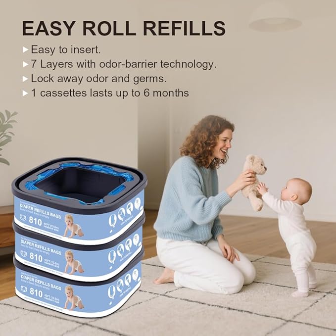 Jumbo Square Refills Disposal Bags Refill Compatible with Genie Diaper Compact, Select Pails (Not Fit Classic),Hold Up to 810 Newborn-Sized Diapers Per Refill,Pack of 3