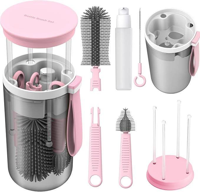 WHNL Baby Bottle Brush Set with Drying Rack, Soap Dispenser, and Case, Pink