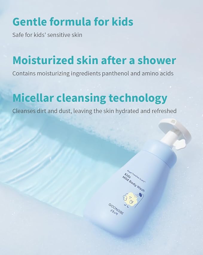 GOONGBE Kids' Mild Body Wash - Korean Kids Body Cleanser - Hydrating & Refreshing Low pH Soft Bubble Foaming with Panthenol and Amino Acids - Allergen Free Scent, 10.1 fl.oz. 2 Pack