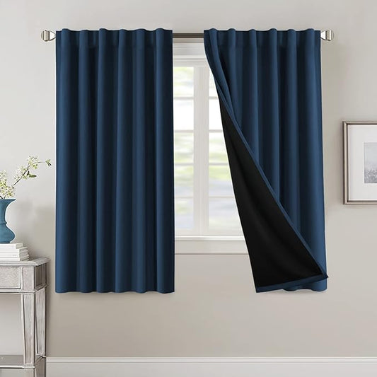H.VERSAILTEX 100% Blackout Curtains for Bedroom with Black Liner Full Room Darkening Curtains 63 Inches Long Thermal Back Tab/Rod Pocket Window Treatment Drapes for Living Room, 2 Panels, Navy