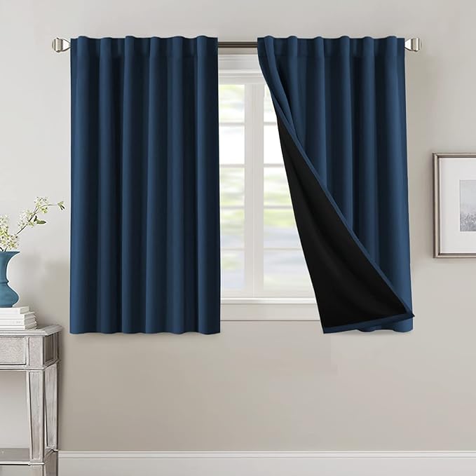 H.VERSAILTEX 100% Blackout Curtains for Bedroom with Black Liner Full Room Darkening Curtains 45 Inches Long Thermal Insulated Back Tab/Rod Pocket Window Drapes for Living Room, 2 Panels, Navy