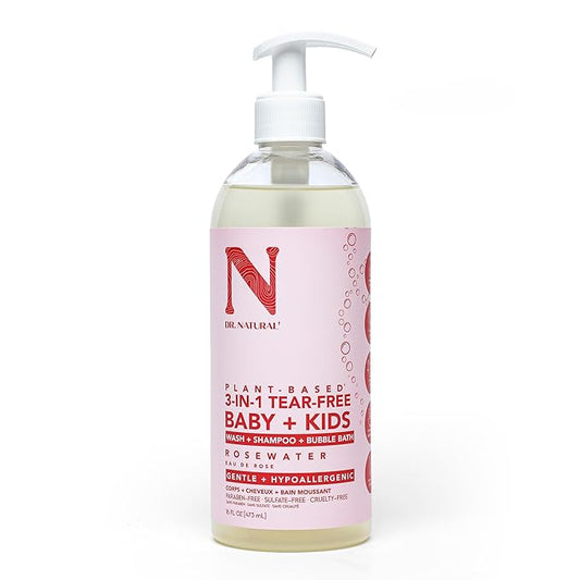 Dr. Natural 3-in-1 Tear-Free Baby Plus Kids Soap - Head-to-Toe Baby Soap and Shampoo - Sensitive Skin Moisturizing Body Wash - Rosewater - 16 oz.