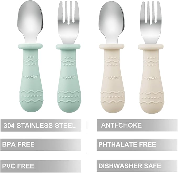PandaEar Baby Feeding Set| 2 Pack Silicone Divided Suction Plate, 2 Set Toddler Spoons & Forks| Baby Led Weaning Supplies Self Feeding Eating Utensils (Green & White)