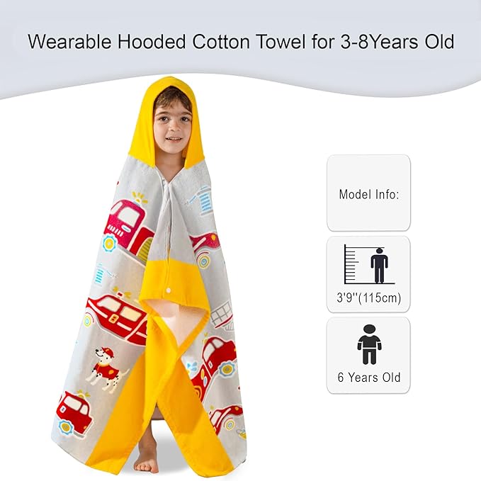 VOOVA & MOVAS Kids Bath Towels for Boys, Ages 3-8, 30''X50, | Soft Thick Absorbent Cotton, Beach | Pool | Bath Hooded Towels, Yellow Fire Truck