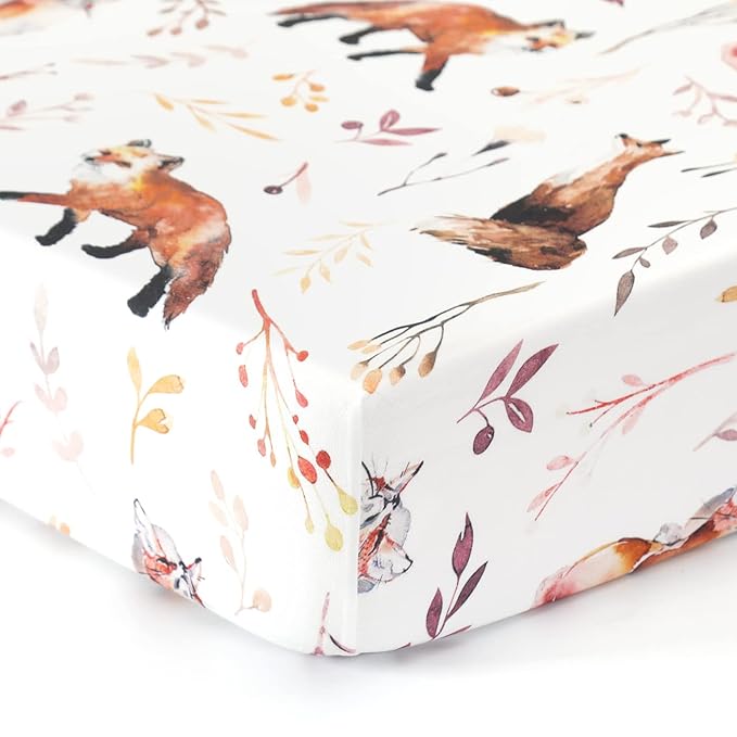 Stretch Ultra Soft Jersey Knit Fitted Crib Sheets Set 2 Pack，Fits All Standard Crib Mattress Pads Safe and Snug, Crib Fitted Sheet for Baby, Pretty Fox for Girls