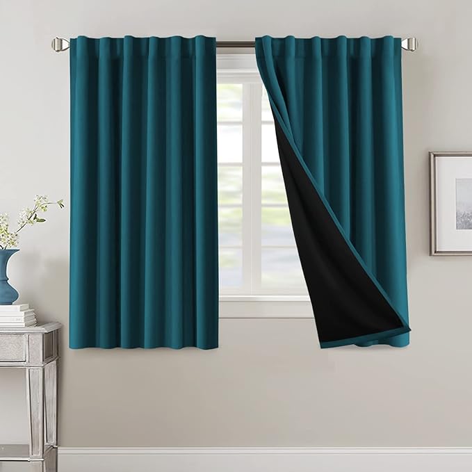 H.VERSAILTEX 100% Blackout Curtains for Bedroom with Black Liner Full Room Darkening Curtains 54 Inches Long Thermal Insulated Back Tab/Rod Pocket Window Drapes for Living Room, 2 Panels, Dark Teal