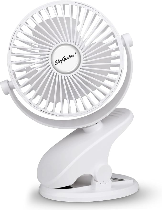 SkyGenius Battery Operated Clip On Baby Stroller Fan (White)