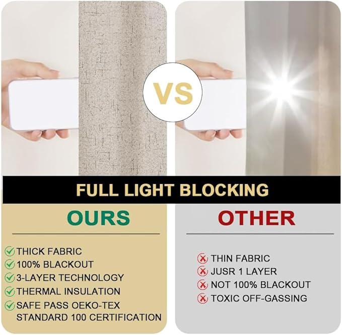 PrinceDeco Linen 100% Blackout Curtains for Bedroom/Living Room Reduce Noise Light Blocking Window Curtains Drapes for Boho Home Decor, Linen Look Fabric with White Liner (52 x 102 Inch,Cobblestone)