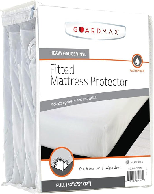 Guardmax Heavy Gauge Vinyl Full Size Mattress Protector - Waterproof & Dust Proof Mattress Cover with Stretchable Pockets - Soft, Comfortable, & Noiseless Waterproof Fitted Sheet.(54 x 75 x 12)