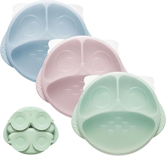 bc babycare Silicone Toddler Plates with Lids, Baby Plates with Suction Base, Microwave & Dishwasher Safe, BPA-Free Divided Plates for Kids 3 Pack Pink & Green & Blue
