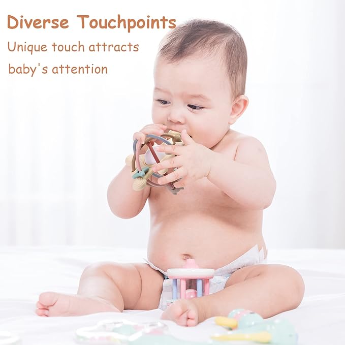 Baby Teething Toy for Babies 3-12 Months, Silicone Baby Teether Toys with Rattle, Rattle Sensory Teether Toy, Baby Chew Toys for Teething Relief, BPA Free, Beige