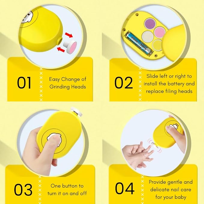 Electric Baby Nail File, Safe and Gentle Electric Baby Nail Trimmer with Interchangeable Pads, Low Noise Newborn Nail File and Baby Nail Buffer, Compact Nail Trimmer for Baby Grooming Kit (Yellow)