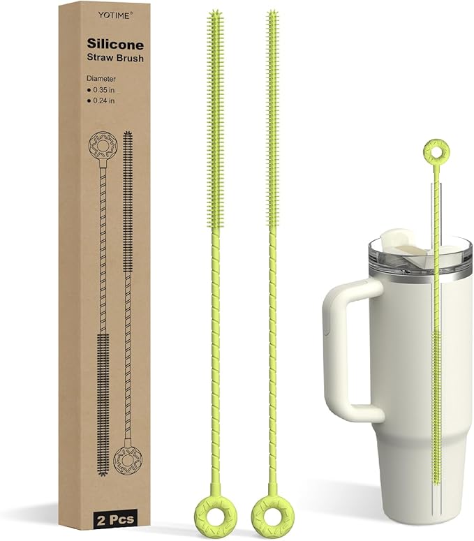 YOTIME Silicone Straw Cleaner Brush, 2 Pcs Reusable Straw Brush(6mm+9mm) for Cleaning Narrow & Wide Straws, Tumblers, Green