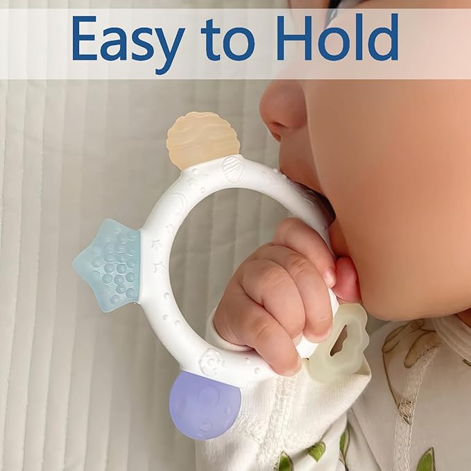 Baby Teething Ring Toys Frozen Silicone Teethers for Babies 0-6-12 Months, Sensory Teething Gums Chew Infant Toys, Boy Girl Baby Gift