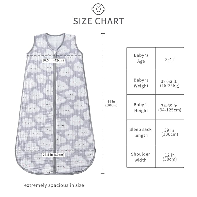 TADO MUSLIN Baby Sleep Sack 2-4 T Baby Wearable Blanket 100% Organic Cotton 0.5 TOG Toddler Sleep Sacks 2- Way Zipper Soft 4 Layers Muslin 2T 3T 4T Cloud