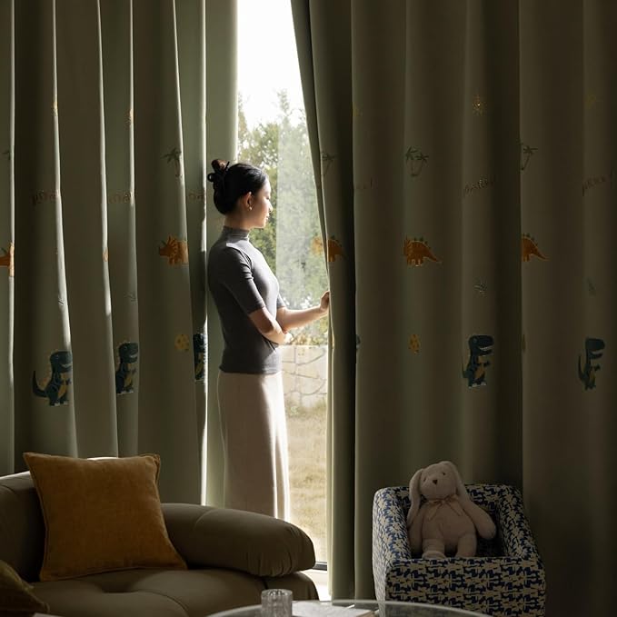 Cartoon Dinosaur Kids Curtains with Blackout Liner Embroidery Nursery Curtains for Children Boys Baby Bedroom Living Room Grommet Top Room Darkening Window Drapes 1 Panel (Green,W78 x L102 Inch)