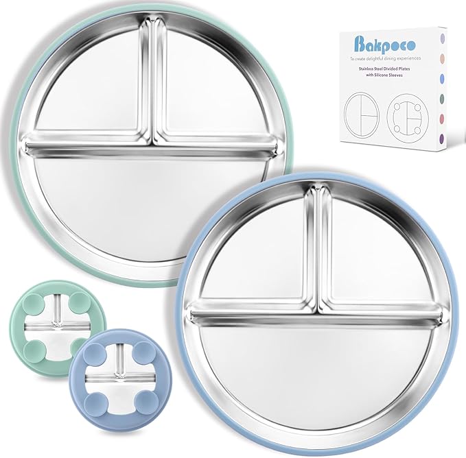 Bakpoco Stainless Steel Toddler Plate with Suction 2Pack, 9” Divided Kids Plates with Silicone Suction for Baby Self Feeding, Non Toxic Non Slip Unbreakable Snack Dishes Dinnerware Set, Blue & Sage