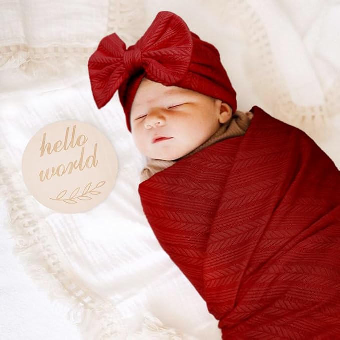 DRESHOW BQUBO Baby Swaddle Blankets for Girls, 4PCS Newborn Accessories Set with Matching Hat and Bow Headband with Hello World Wooden Birth Announcement Card