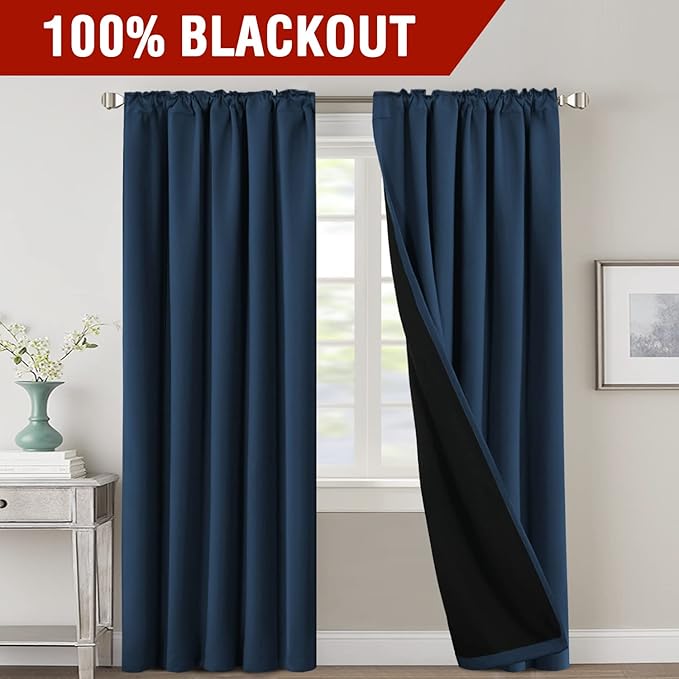 H.VERSAILTEX 100% Blackout Curtains for Bedroom with Black Liner Full Room Darkening Curtain 96 Inch Long Thermal Insulated Back Tab/Rod Pocket Window Treatment Drapes for Living Room, 2 Panels, Navy