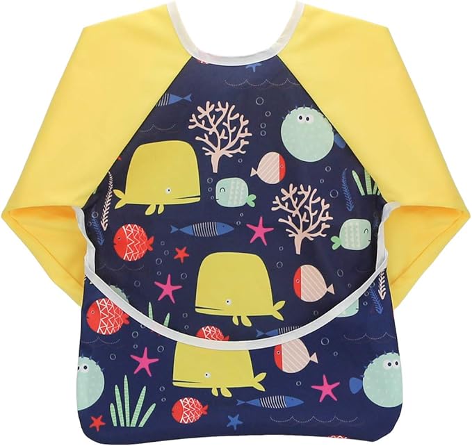 Hi Sprout Infant Toddler Baby Waterproof Sleeved Bib, Bib with Sleeves&Pocket, 6-24 Months