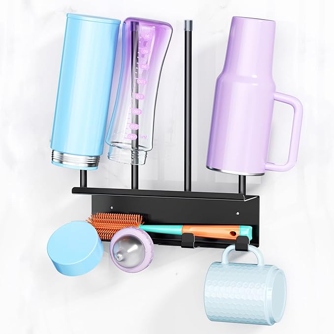 Wall Mounted Water Bottle Drying Rack, Baby Bottle Dryer Rack, Metal Cup Rack Dryer Stand, Mug Holder with Storage Rack, Mug Hooks for Bottle Cap, Bottle Drying Rack for Cups, Plastic Bags (Black)