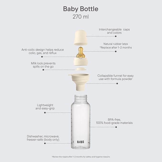BIBS Baby Bottle 9 oz / 270 ml Natural Rubber Latex Nipple - Anti-Colic, BPA-Free, Round Nipple, Medium Flow, Lightweight & Easy to Clean, Suitable for Newborns 0+ Years - Blush