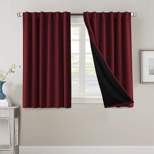 H.VERSAILTEX 100% Blackout Curtains for Bedroom with Black Liner Full Room Darkening Curtains 45 Inches Long Thermal Insulated Back Tab/Rod Pocket Window Drapes for Living Room, 2 Panels, Burgundy