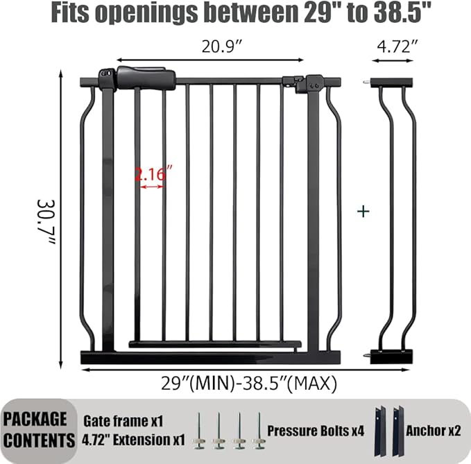 Walk Through Baby & Dog Gate 34-38.5 Inch, Auto Close, Tension Mounted Indoor Safety Gate for Stairs & Doorways - Black Metal, 30 Inch Tall