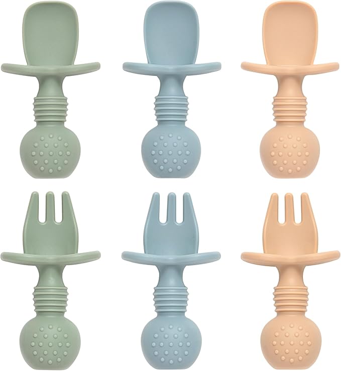 Eascrozn Baby Spoons and Forks Feeding Set, 6 Pack Silicone First Stage Self Feeding Toddler Utensils, BPA Free, Baby Led Weaning Supplies for Training Spoons