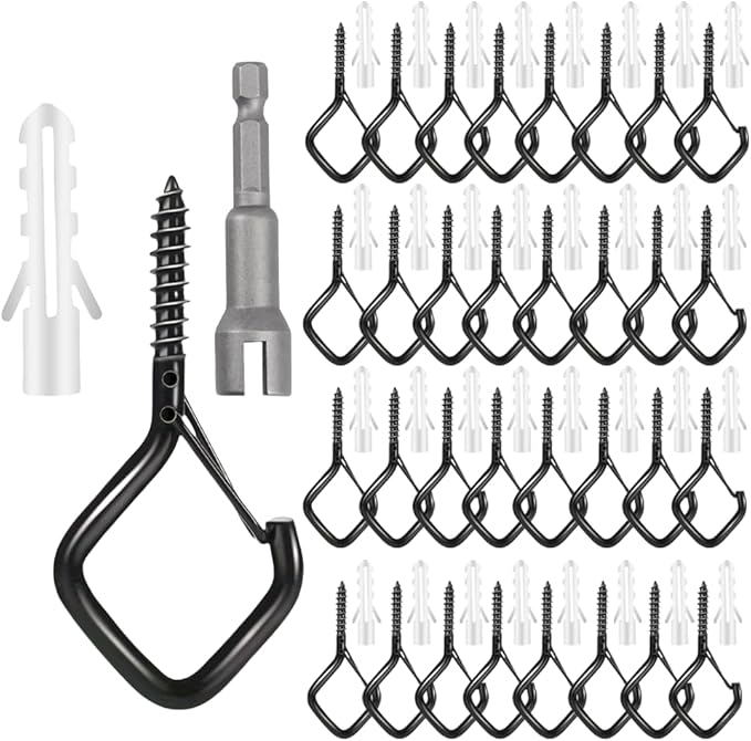 52-Pack Heavy-Duty Black Screw Eye Hooks with Safety Clips | Metal Ceiling Hooks for Hanging Plants, Wind Chimes, Bird Feeders & Indoor/Outdoor Lights
