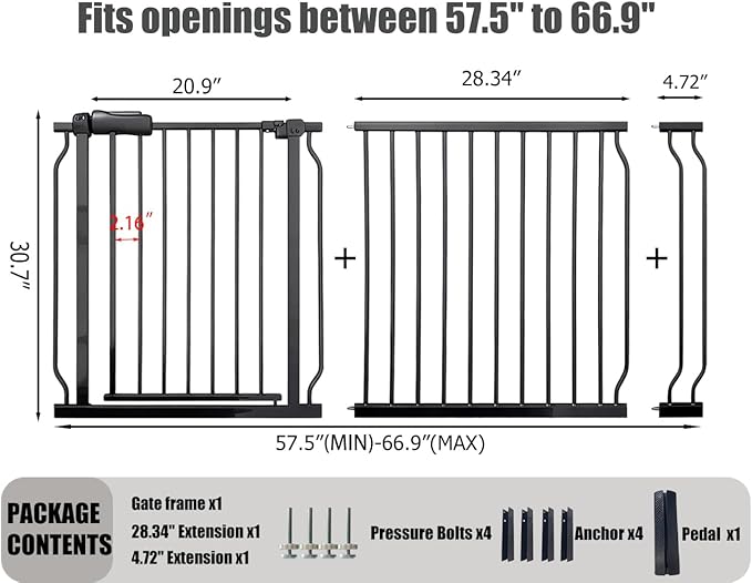 Extra Wide Baby Gate 62-67 Inch, Pressure Mounted Safety Child & Pet Gate - Black Metal - Large Walk Through - Long - for House Doorways & Stairs, 30 Inch Tall