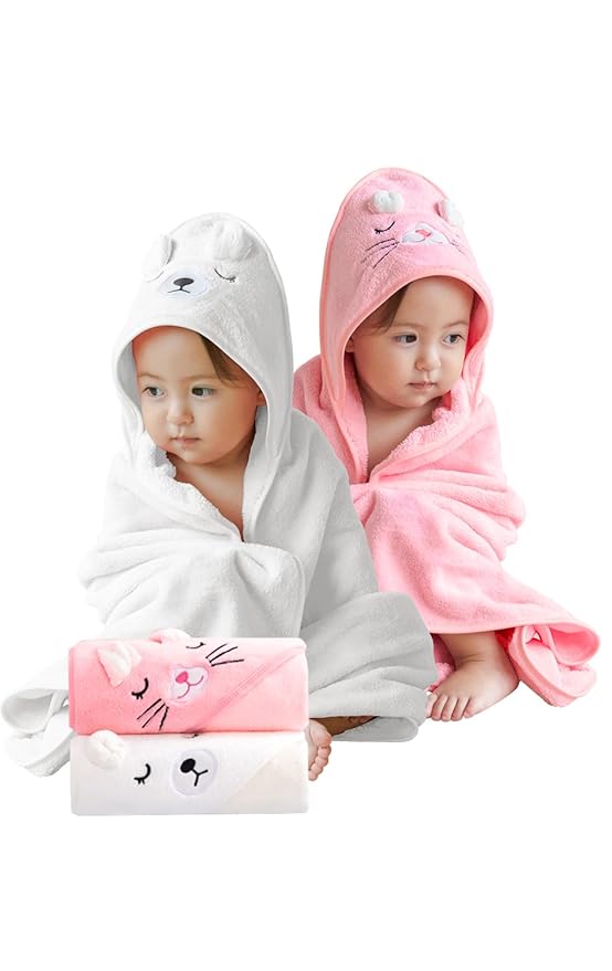 Baby Bath Towel,2 Pack Hooded Babie Towels for Newborn,Infant,Toddler,Ultra Absorbent Soft (White Bear+Pink cat)
