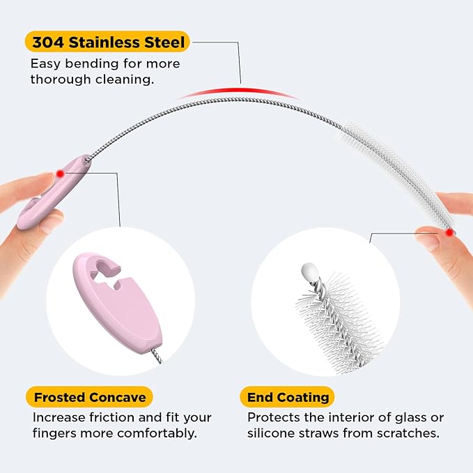 VOGOGE Straw Brush Set, 4 Piece Cleaner Kit with Standable Key Ring for Reusable Straws, Tumblers & Water Bottles – Designed for Kids & Adults, Pink