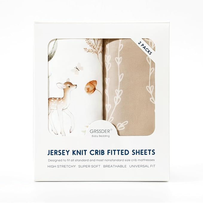 GRSSDER Stretch Ultra Soft Jersey Knit Fitted Crib Sheets Set 2 Pack, Universal Fit All Standard Crib Mattress Pads Safe and Snug, Crib Fitted Sheet with Deep Pocket, Original Design for Baby