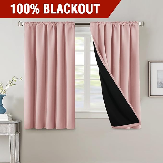 H.VERSAILTEX 100% Blackout Curtains for Bedroom with Black Liner Full Room Darkening Curtains 54 Inch Long Thermal Insulated Back Tab/Rod Pocket Window Drapes for Living Room, 2 Panels, Baby Pink