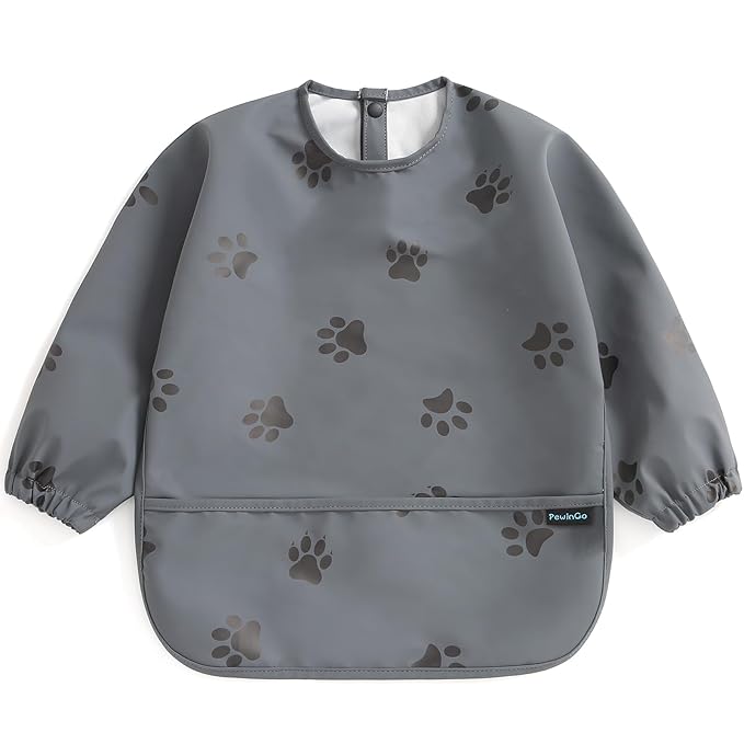 PewinGo Baby Bib with Long Sleeves Bib & BLW, Machine Washable & Soft and Skin-Friendly Material, Coverall Bibs for Baby Feeding, Waterproof and Easy to Clean, for Baby Infant Toddlers (Dark Grey)