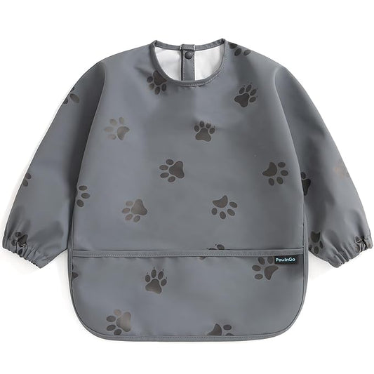 PewinGo Baby Bib with Long Sleeves Bib & BLW, Machine Washable & Soft and Skin-Friendly Material, Coverall Bibs for Baby Feeding, Waterproof and Easy to Clean, for Baby Infant Toddlers (Dark Grey)